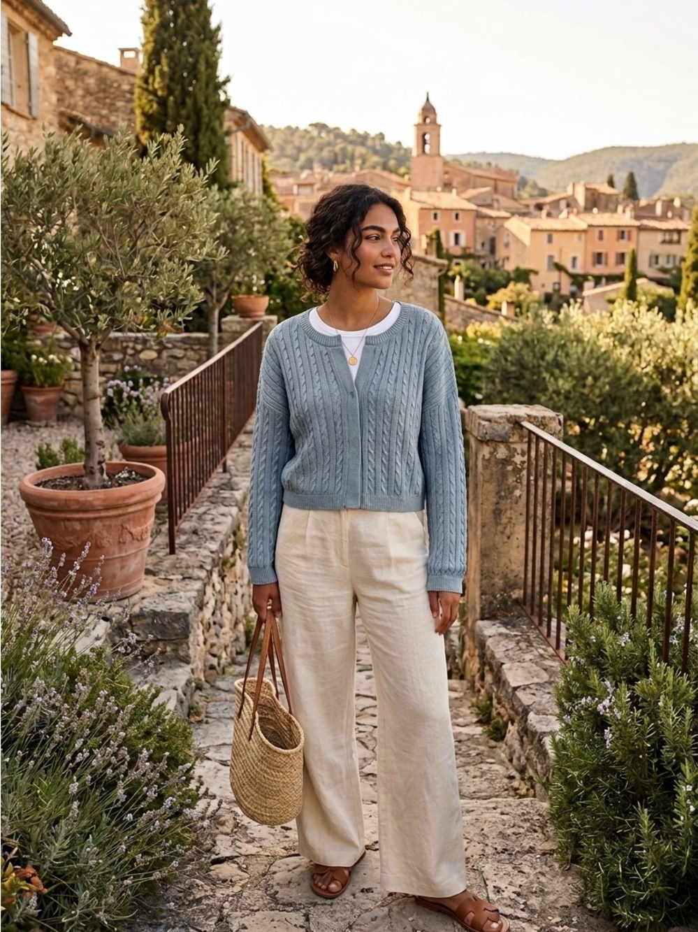 Light Blue Cable Knit Crop Women's Sweater; snap closures